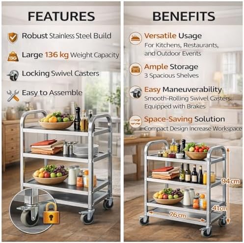 3 Tier Stainless Steel Catering Trolley,Multi-Purpose Rolling Cart,Utility Cart,Kitchen Cart,Serving Trolley with Locking Wheels for Kitchen,Hotels,Restaurants,Bars -950 x 500 x 950MM