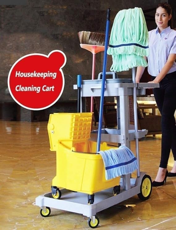 Utility Carts Commercial Housekeeping Cart with Lid, Plastics 3-Shelf Janitorial Cleaning Trolley for Hospitality, Hotel & Restaurant, BlueGrey (Color Style-1)