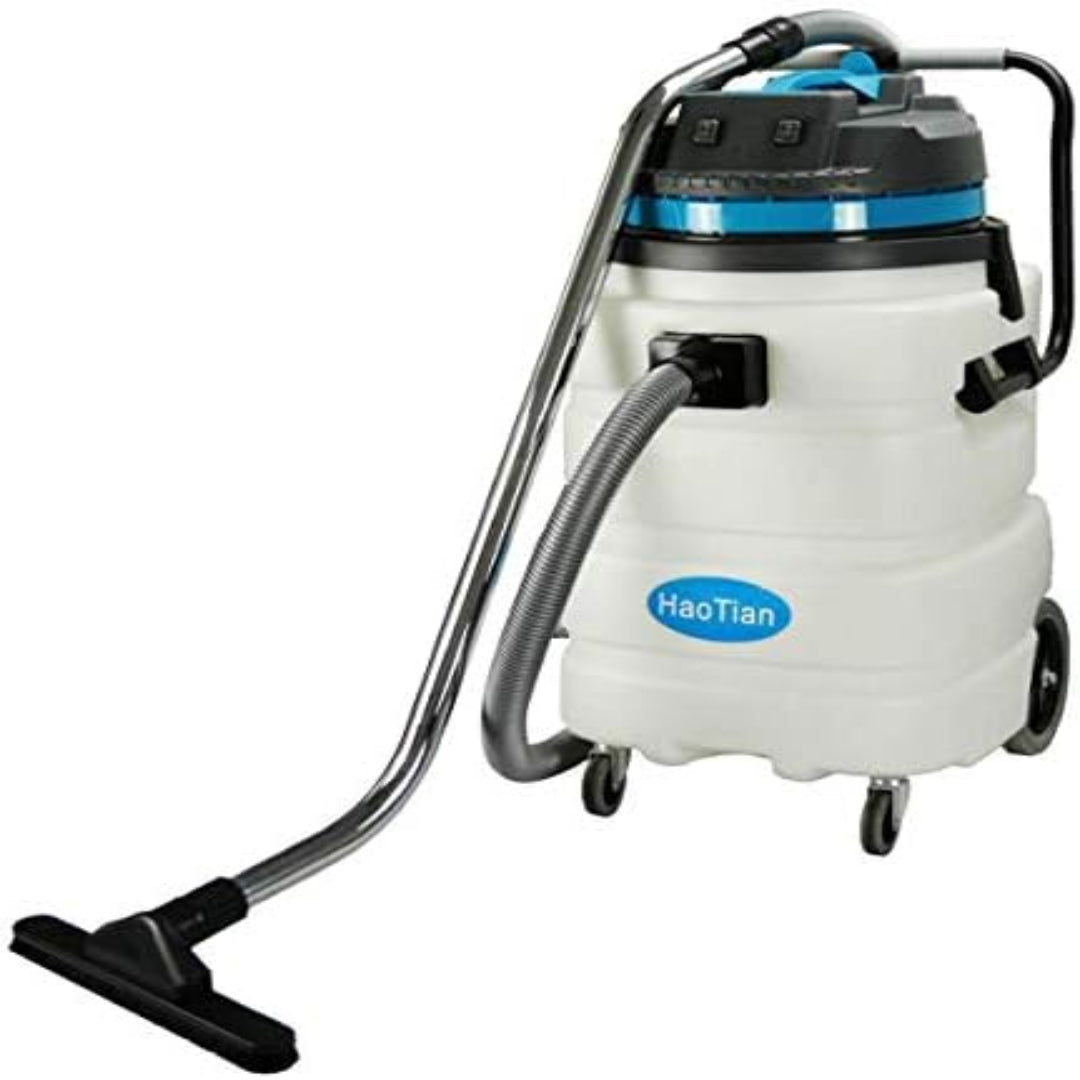 A white and black wet/dry vacuum cleaner with a blue HaoTian logo on the front, featuring a flexible gray hose and a black floor nozzle, shown on a plain white background.