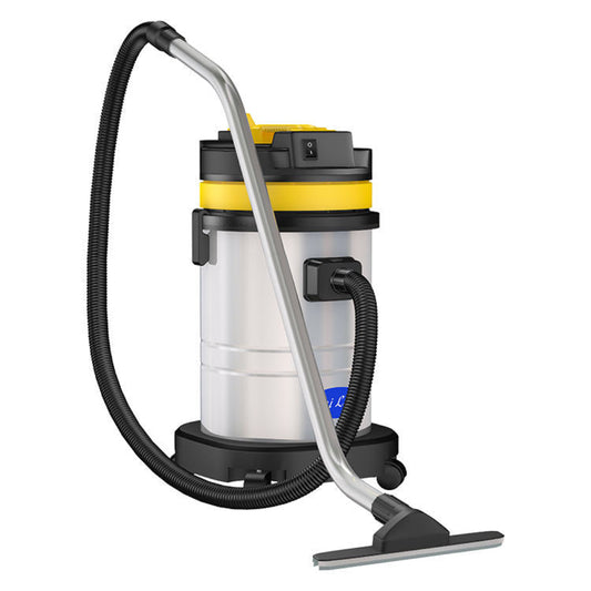 A wet/dry vacuum cleaner with a silver cylindrical canister, a bright yellow top collar, black base and hose components, and a long silver wand with a black hose and floor nozzle, shown on a plain white background.