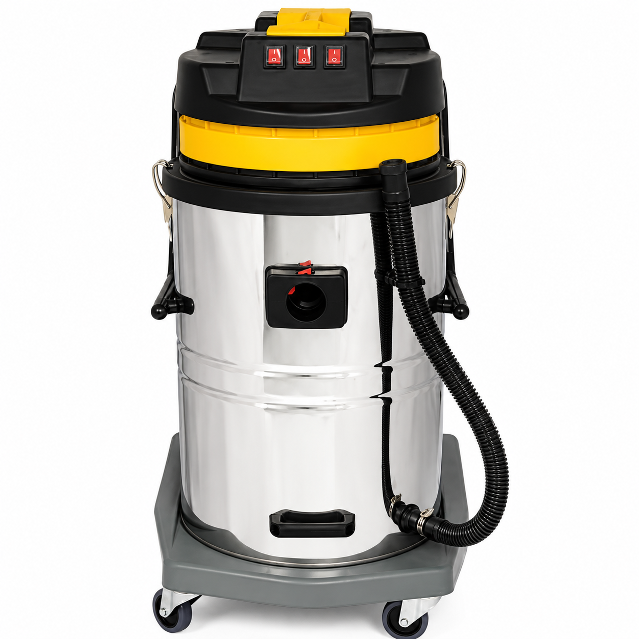 A wet/dry vacuum cleaner with a shiny silver metal canister body, a black and yellow top lid, a gray wheeled base, and a black flexible hose, shown on a plain white background.