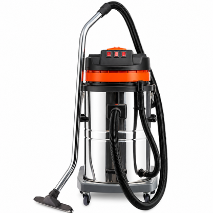 A wet/dry vacuum cleaner with a stainless steel canister, black and orange top housing, a flexible black hose, and a floor nozzle on a white background.