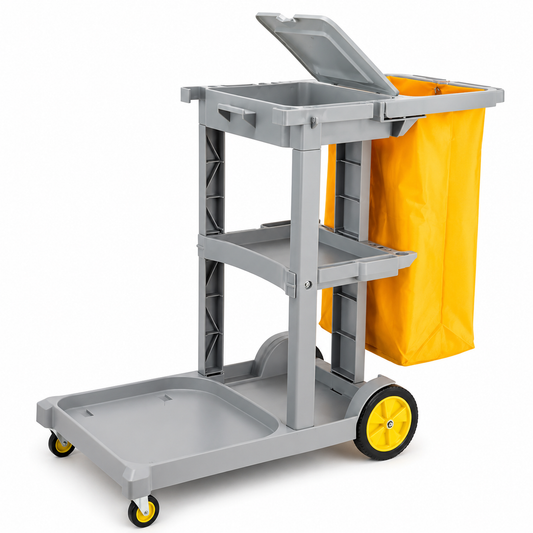A gray plastic utility cart with three tiers, yellow wheels, and a bright yellow fabric dust bag, shown on a white background.