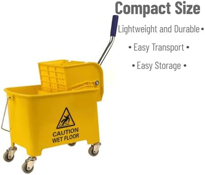 AKC 20 Liter Yellow Mop Bucket with Wringer – Heavy-Duty Cleaning Trolley with Wheels, Handle & Caution Wet Floor Sign – Drainable Commercial Mop Pail for Kitchen, Office & Facility Cleaning
