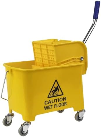 AKC 20 Liter Yellow Mop Bucket with Wringer – Heavy-Duty Cleaning Trolley with Wheels, Handle & Caution Wet Floor Sign – Drainable Commercial Mop Pail for Kitchen, Office & Facility Cleaning