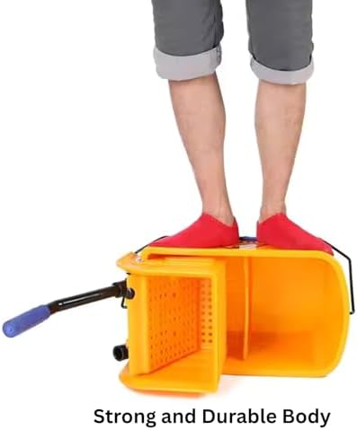 AKC 20 Liter Yellow Mop Bucket with Wringer – Heavy-Duty Cleaning Trolley with Wheels, Handle & Caution Wet Floor Sign – Drainable Commercial Mop Pail for Kitchen, Office & Facility Cleaning