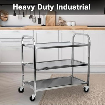 3 Tier Stainless Steel Catering Trolley,Multi-Purpose Rolling Cart,Utility Cart,Kitchen Cart,Serving Trolley with Locking Wheels for Kitchen,Hotels,Restaurants,Bars -950 x 500 x 950MM
