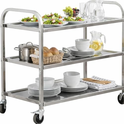 3 Tier Stainless Steel Catering Trolley,Multi-Purpose Rolling Cart,Utility Cart,Kitchen Cart,Serving Trolley with Locking Wheels for Kitchen,Hotels,Restaurants,Bars -950 x 500 x 950MM