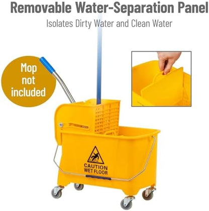AKC 20 Liter Yellow Mop Bucket with Wringer – Heavy-Duty Cleaning Trolley with Wheels, Handle & Caution Wet Floor Sign – Drainable Commercial Mop Pail for Kitchen, Office & Facility Cleaning