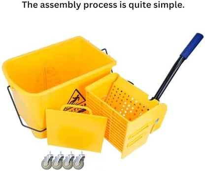 AKC 20 Liter Yellow Mop Bucket with Wringer – Heavy-Duty Cleaning Trolley with Wheels, Handle & Caution Wet Floor Sign – Drainable Commercial Mop Pail for Kitchen, Office & Facility Cleaning