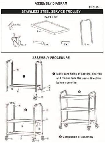 3 Tier Stainless Steel Catering Trolley,Multi-Purpose Rolling Cart,Utility Cart,Kitchen Cart,Serving Trolley with Locking Wheels for Kitchen,Hotels,Restaurants,Bars -950 x 500 x 950MM