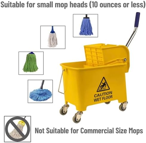 AKC 20 Liter Yellow Mop Bucket with Wringer – Heavy-Duty Cleaning Trolley with Wheels, Handle & Caution Wet Floor Sign – Drainable Commercial Mop Pail for Kitchen, Office & Facility Cleaning