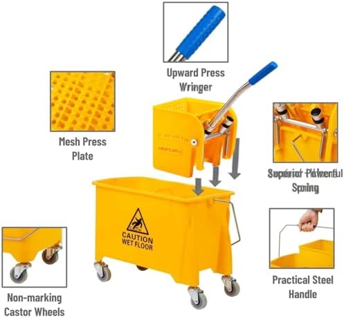 AKC 20 Liter Yellow Mop Bucket with Wringer – Heavy-Duty Cleaning Trolley with Wheels, Handle & Caution Wet Floor Sign – Drainable Commercial Mop Pail for Kitchen, Office & Facility Cleaning