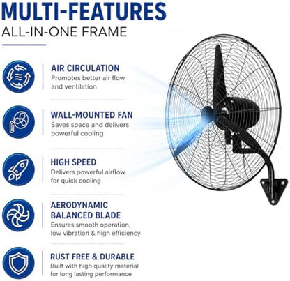 26 Inch Industrial Wall Mounted Fan, Heavy Duty High Velocity Metal Fan with 3 Speeds, Oscillation & Adjustable Tilt for Warehouse, Restaurant, Garage & Home Use