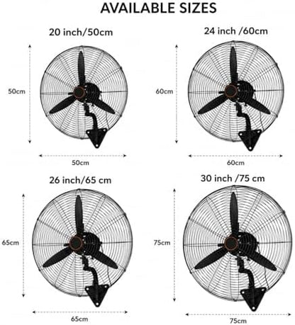 26 Inch Industrial Wall Mounted Fan, Heavy Duty High Velocity Metal Fan with 3 Speeds, Oscillation & Adjustable Tilt for Warehouse, Restaurant, Garage & Home Use