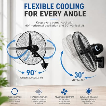 26 Inch Industrial Wall Mounted Fan, Heavy Duty High Velocity Metal Fan with 3 Speeds, Oscillation & Adjustable Tilt for Warehouse, Restaurant, Garage & Home Use