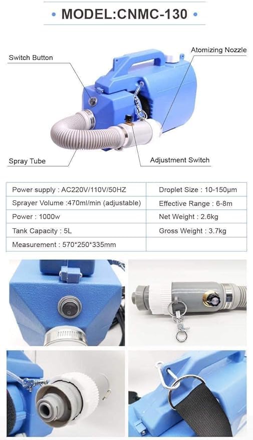 5L Electric ULV Cold Fogger Sprayer – Intelligent Ultra Low Capacity Fogger for Air Disinfection & Mosquito Fogging – Ideal for Farm, Hotel, Hospital, School & Outdoor Use – Blue