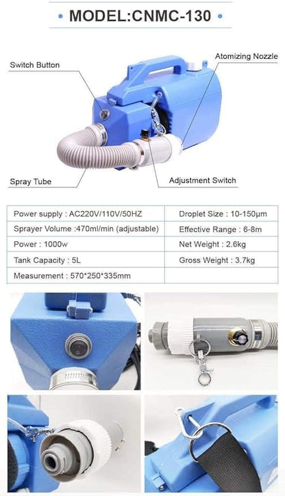 5L Electric ULV Cold Fogger Sprayer – Intelligent Ultra Low Capacity Fogger for Air Disinfection & Mosquito Fogging – Ideal for Farm, Hotel, Hospital, School & Outdoor Use – Blue