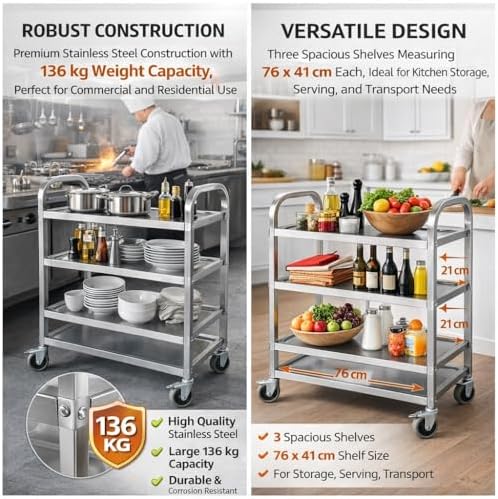 3 Tier Stainless Steel Catering Trolley,Multi-Purpose Rolling Cart,Utility Cart,Kitchen Cart,Serving Trolley with Locking Wheels for Kitchen,Hotels,Restaurants,Bars -950 x 500 x 950MM