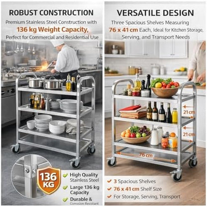 3 Tier Stainless Steel Catering Trolley,Multi-Purpose Rolling Cart,Utility Cart,Kitchen Cart,Serving Trolley with Locking Wheels for Kitchen,Hotels,Restaurants,Bars -950 x 500 x 950MM