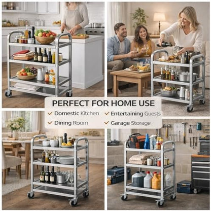 3 Tier Stainless Steel Catering Trolley,Multi-Purpose Rolling Cart,Utility Cart,Kitchen Cart,Serving Trolley with Locking Wheels for Kitchen,Hotels,Restaurants,Bars -950 x 500 x 950MM