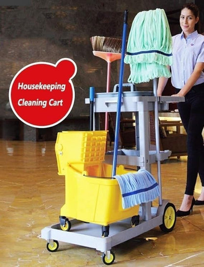 Utility Carts Commercial Housekeeping Cart with Lid, Plastics 3-Shelf Janitorial Cleaning Trolley for Hospitality, Hotel & Restaurant, BlueGrey (Color Style-1)