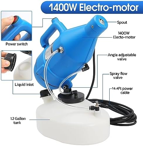 4.5L (1.2 Gallon) Electric ULV Portable Fogger Sprayer Machine Spraying Distance 30ft with 16.4ft Cord Atomizer Mist Cold Fogger for Home,Hotel,Church,School,Lawn and Garden