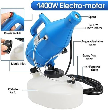 4.5L (1.2 Gallon) Electric ULV Portable Fogger Sprayer Machine Spraying Distance 30ft with 16.4ft Cord Atomizer Mist Cold Fogger for Home,Hotel,Church,School,Lawn and Garden