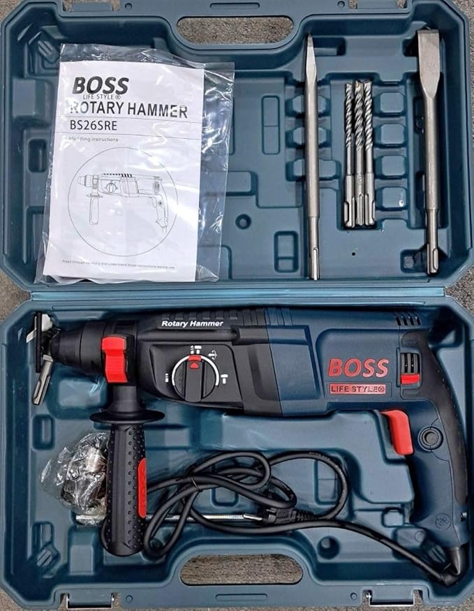 BOSS 2200W Rotary Hammer Drill Machine - Heavy Duty Electric Drill with 3 Working Modes, Includes 3 Drill Bits & 2 Chisels, Ideal for Concrete & Masonry