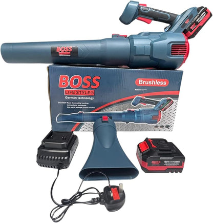 BOSS Brushless Cordless Leaf Blower, Blue and Red, German Technology, 198V Battery Powered with Charger, 2 Batteries Included