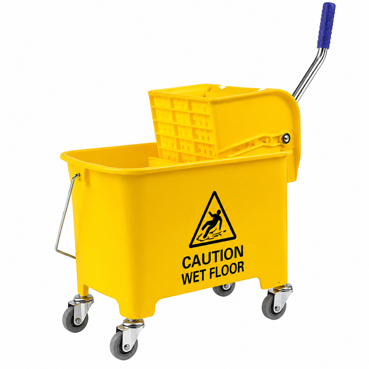 A bright yellow plastic mop bucket and wringer cart with casters, featuring a warning label that reads 'CAUTION WET FLOOR' and a blue-handled push handle, shown on a plain white background.