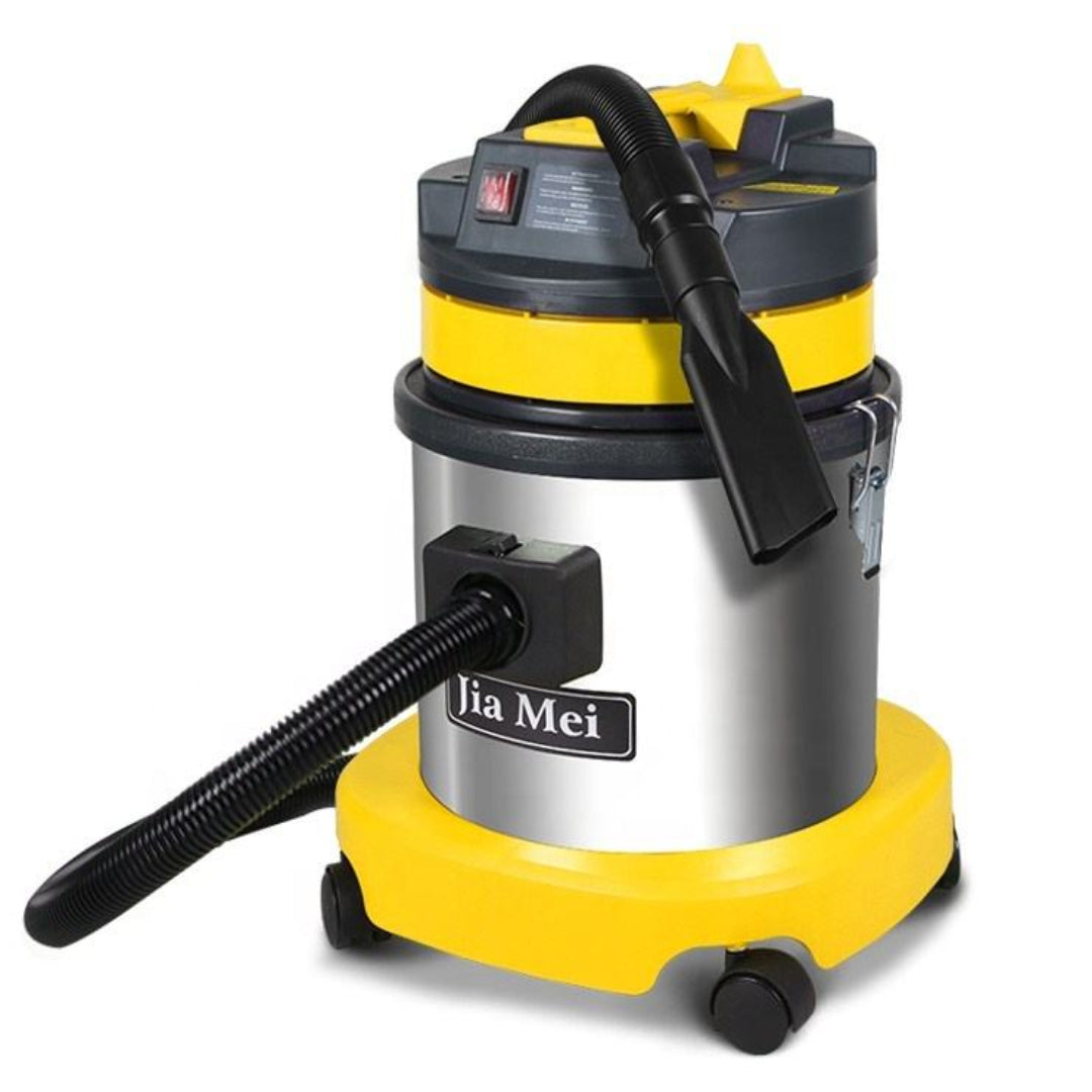 A Jia Mei wet/dry vacuum cleaner with a silver metal canister body, yellow plastic base and top collar, black hose, and black wheels, shown on a plain white background.