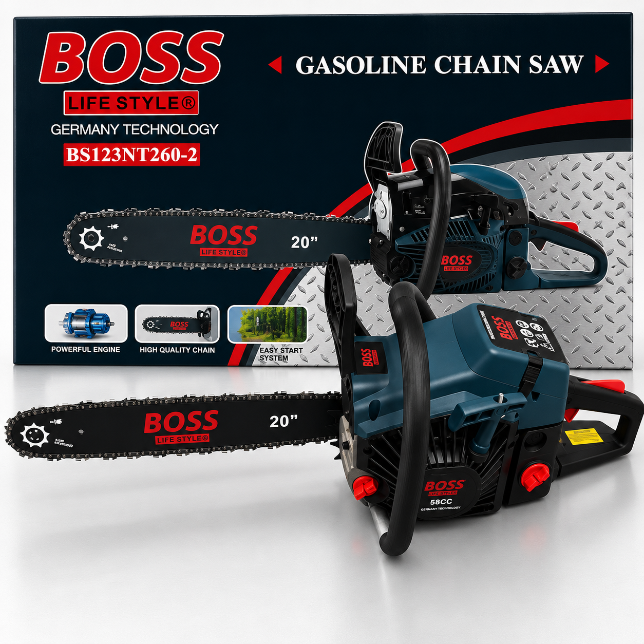 A BOSS gasoline chainsaw shown in front of its retail box on a clean white studio background. The product is a 20-inch chainsaw with a dark teal body, black bar and handle, and red BOSS branding.