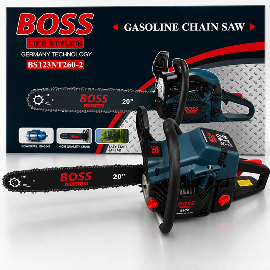 A BOSS gasoline chainsaw shown in front of its retail box on a clean white studio background. The product is a 20-inch chainsaw with a dark teal body, black bar and handle, and red BOSS branding.